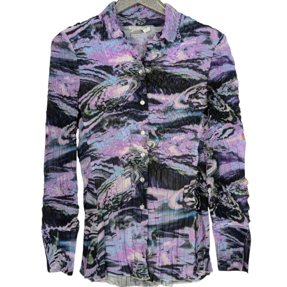 ALBERTO MAKALI Crinkle Mesh Shirt Artsy Galaxy Outer Space Groovy Disco Medium